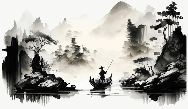 Pittura a inchiostro di paesaggio nebbioso con fisheman in una barca in tradizionale stile giapponese minimalista orientale Illustrazione vettoriale