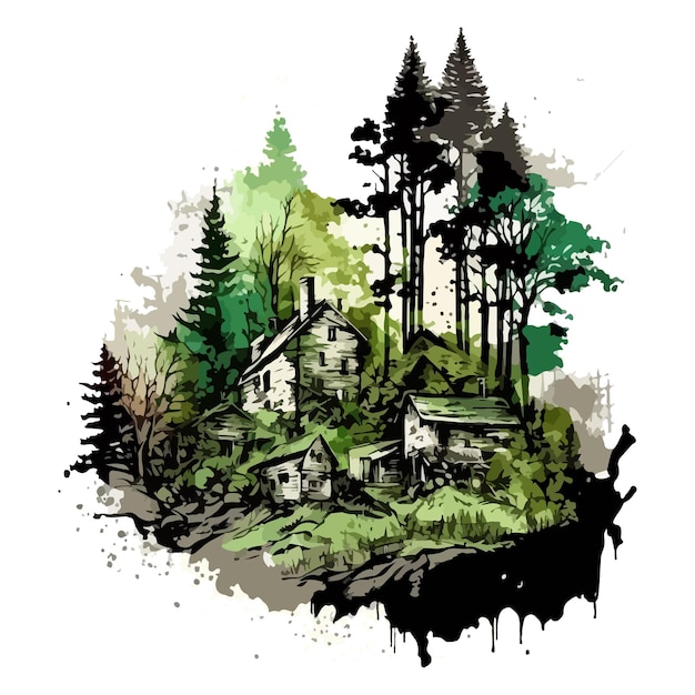 Pittura ad acquerello del panorama del villaggio e della foresta