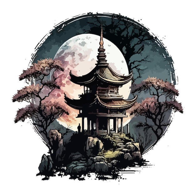 Pittura ad acquerello del tempio nella foresta alla luna piena