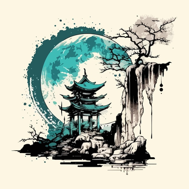 Pittura ad acquerello di un antico tempio su una collina durante la luna piena
