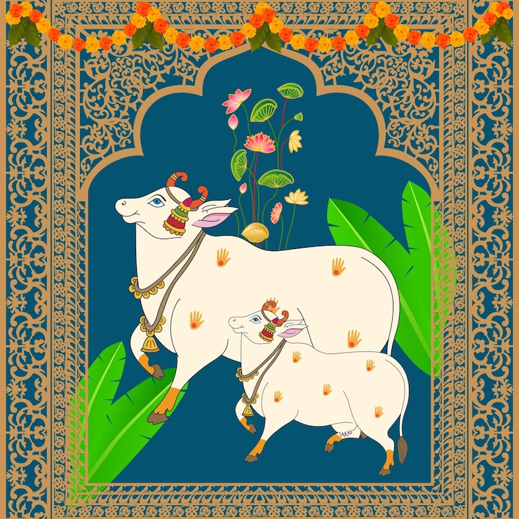 Vettore pittura in miniatura del rajasthani indiano opera d'arte pichwai mucca e vitello