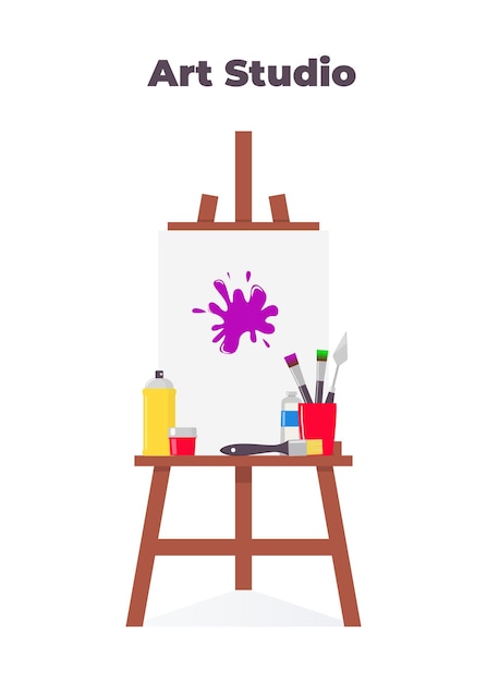 Pittura su tela da cavalletto e tutti gli strumenti necessari per disegnare Bella composizione per la pubblicità
