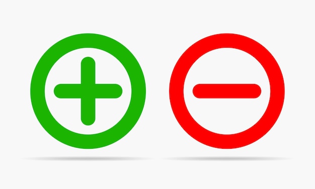 Più verde e meno rosso. Illustrazione vettoriale. Icone rotonde più e meno su sfondo bianco.
