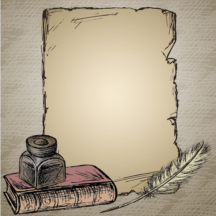 Vettore piuma d'oca elegante antica pentola di inchiostro carta vecchia per l'iscrizione libro vecchio sfondo vintage