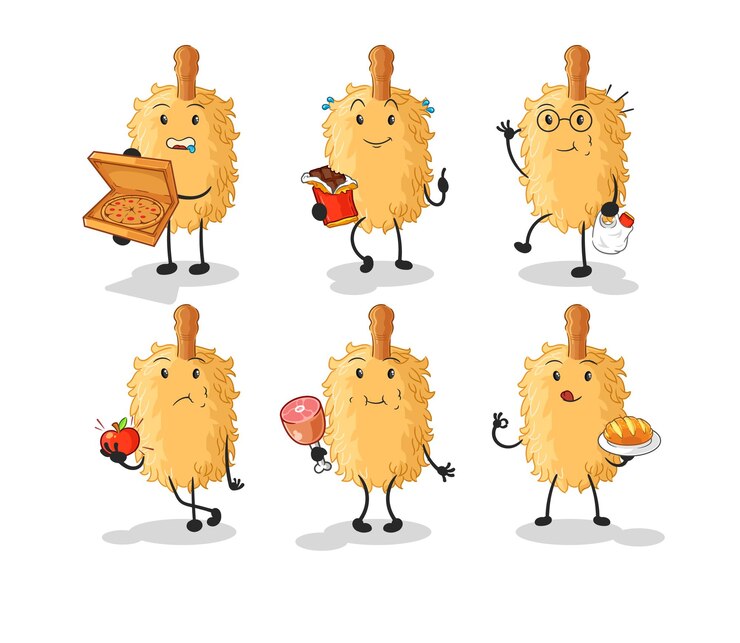 Vettore piuma spolverino cibo set personaggio cartone animato mascotte vettore
