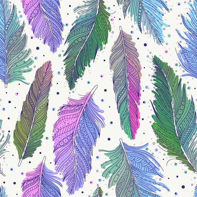 Piume multicolori colorate modello senza cuciture sfondo vettoriale in stile boho disegnato a mano
