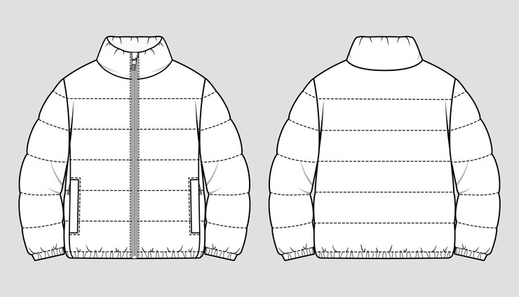 Vettore piumino imbottito. piumino invernale oversize. schizzo tecnico vettoriale. modello di mockup.