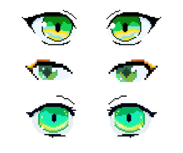 Pixel anime occhi colorati per il design del gioco retrò set verde