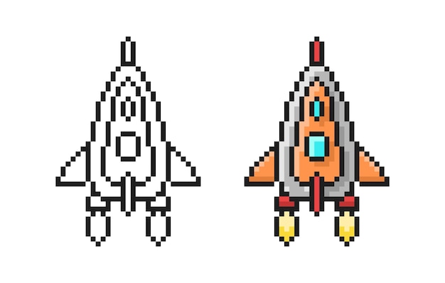 Pixel Art Cartoon Rocket Cute gioco vettoriale nave spaziale in stile retro