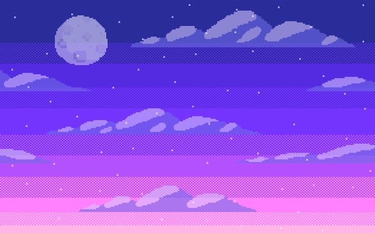 Vettore pixel art cielo stellato durante il tramonto la luna con nuvole e stelle illustrazioni vettoriali eps10 bylayer