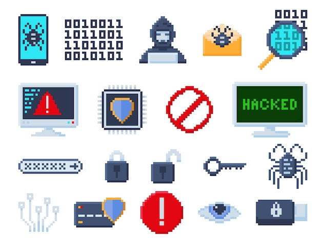 Pixel art cybersecurity icons Pixelated computer virus cyber hacker password lock and encryption Computer code secure chip with antivirus shield and digital security 8 bit vector set