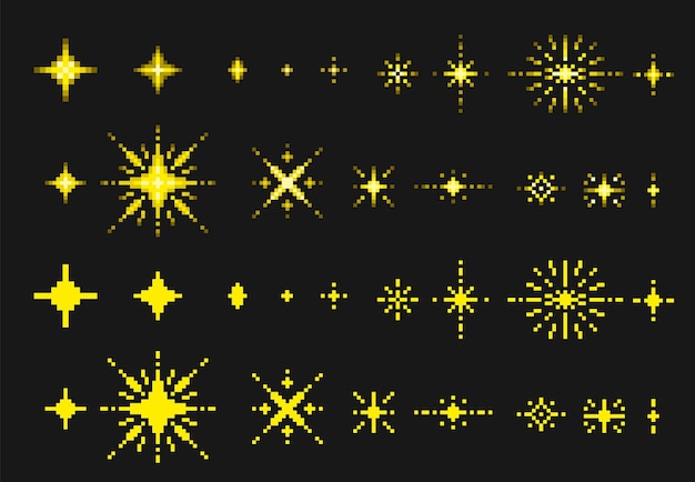 Pixel art scintilla e stelle scintilla 8 bit scintilla scintilla pixel scintille e scintilla stelle pixelate gialle elementi di giochi arcade retro fuochi d'artificio 90s e set vettoriale in stile y2k