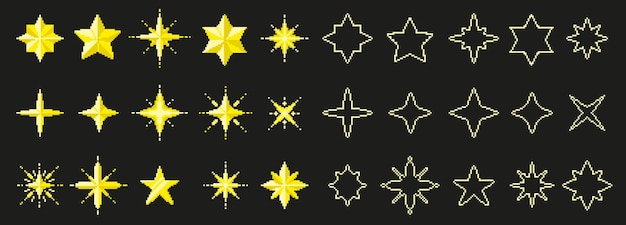 Pixel art stelle 8 bit scintilla giallo dorato splendore stella spazio scintilla pixel gioco elementi magici classificazione e simboli di livello Effetto scintilla vettore icone UI pixelate