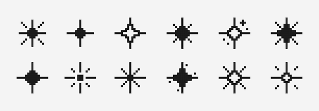 Pixel art stelle scintillanti lampeggianti fuochi d'artificio set di elementi scintillati pixelati per la progettazione del gioco