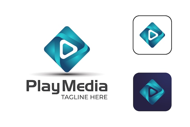 Pixel play media logo design con icona pulsante, simbolo per musica da studio, icona gradiente multimediale lettore video
