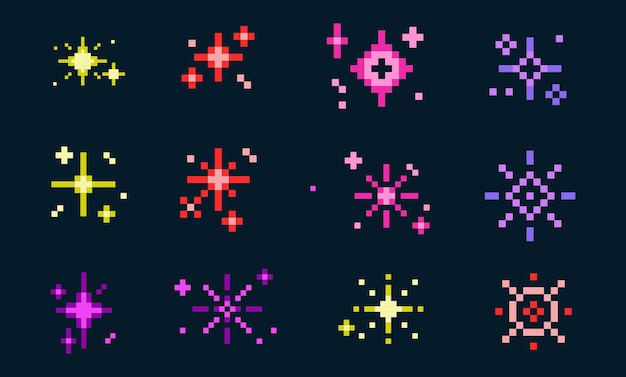 Pixel Stars set vettoriale di clip art di stelle scintillanti