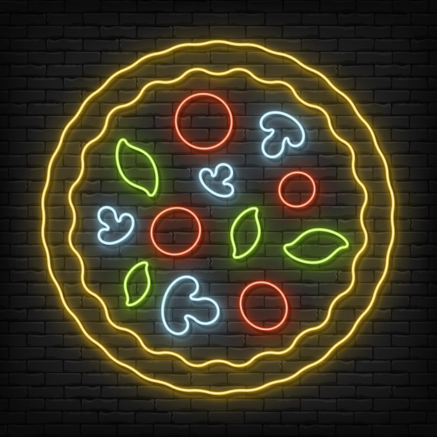 Pizza al neon con fetta su uno sfondo di muro di mattoni