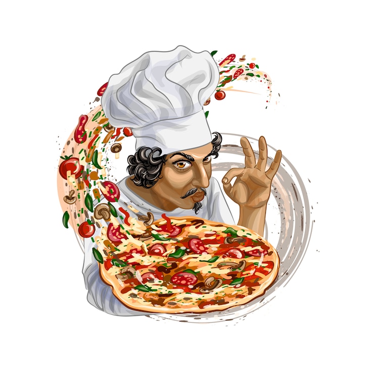 Vettore pizza della holding del cuoco unico italiano. illustrazione realistica di vettore di vernici