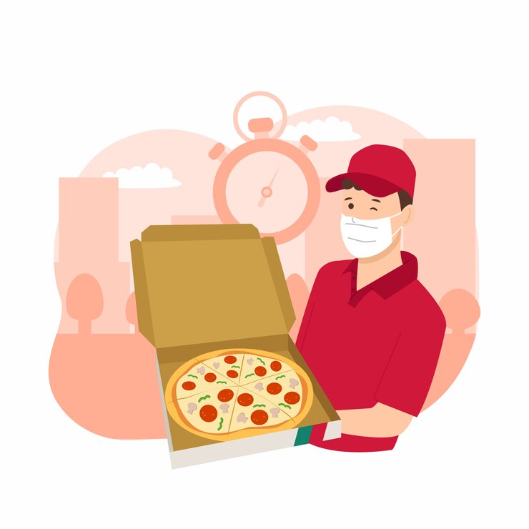 Vettore pizza guy consegna espressa. uomo che tiene una scatola per pizza. servizio di consegna di pandemia di coronavirus. progettazione di applicazioni per servizi di ristorazione.