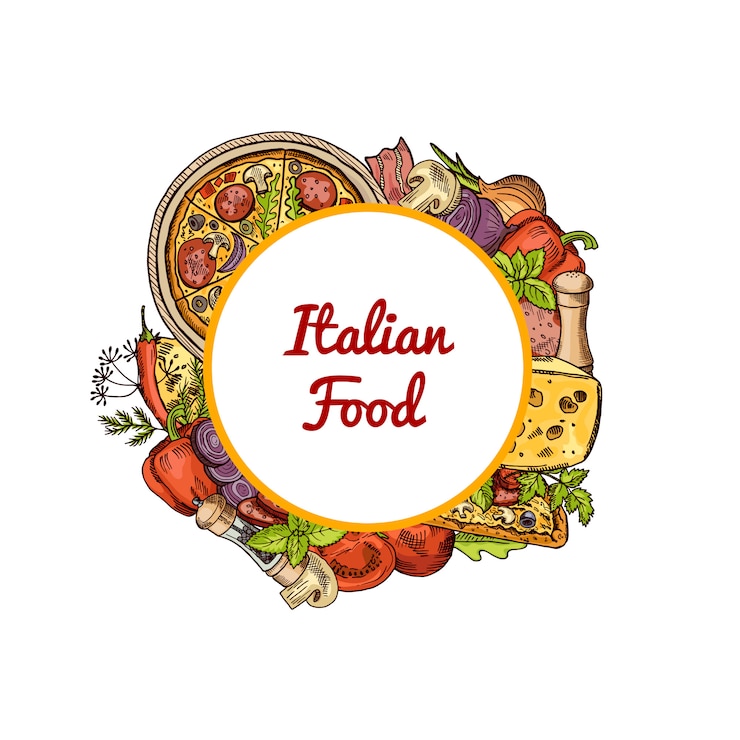 Vettore pizza italiana, spezie, verdure e formaggio intorno al cerchio con il posto per il testo