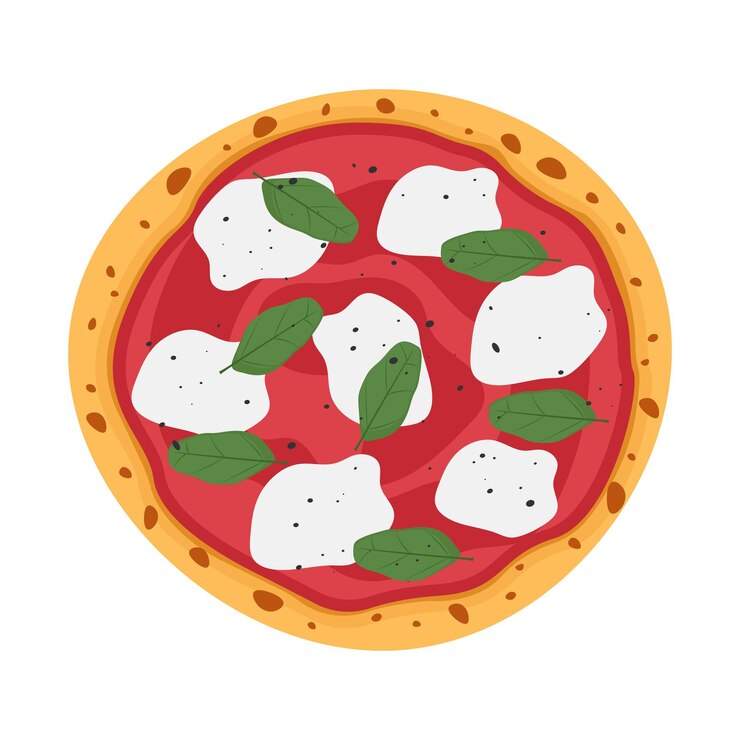 Vettore pizza margherita in stile cartone animato pizza italiana con salsa di pomodoro mozzarella e basilico vista dall'alto