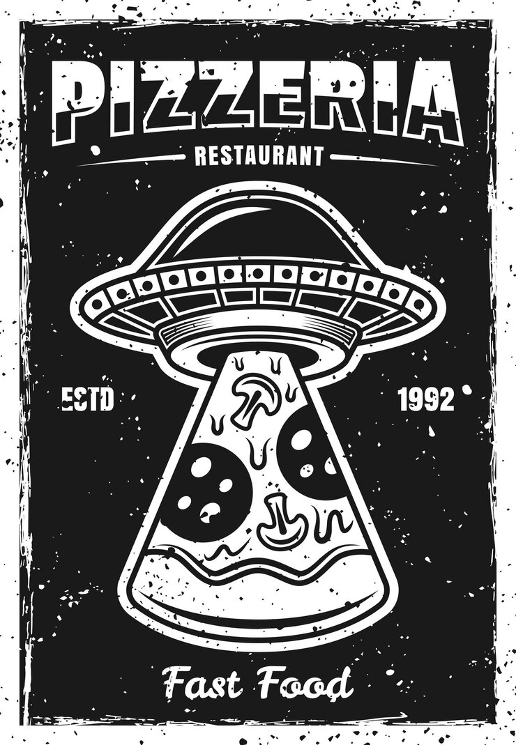 Pizzeria modello di poster nero vintage con ufo che ruba la fetta di pizza illustrazione vettoriale stratificata con texture e testo grunge separati