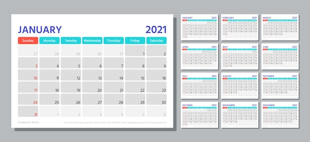 Planner 2021 anno. Modello di calendario. La settimana inizia domenica. Griglia di pianificazione tabella Layout calendario