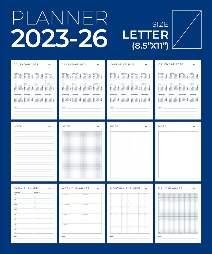 Planner 2023 2024 2025 2026 Ritratto Minimal Table Design Modello di inizio settimana domenica