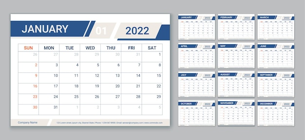 Planner, calendario 2022 anno. Modello di calendario. La settimana inizia domenica. Organizzatore annuale.