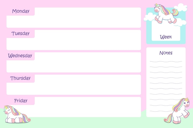 Planner settimanale con piccoli unicorni e colore rosa
