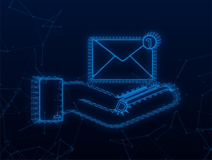 Vettore plexus concetto di notifica e-mail con le mani. nuova email. illustrazione di riserva di vettore