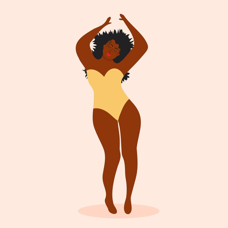 Vettore plus size donna afroamericana in costume da bagno sta ballando fitness femminismo di accettazione positiva del corpo