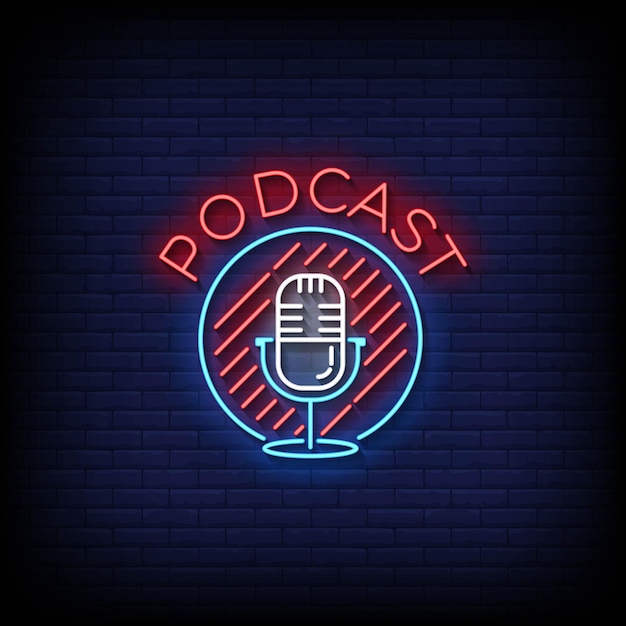 Podcast dell'insegna al neon con il vettore del fondo del muro di mattoni
