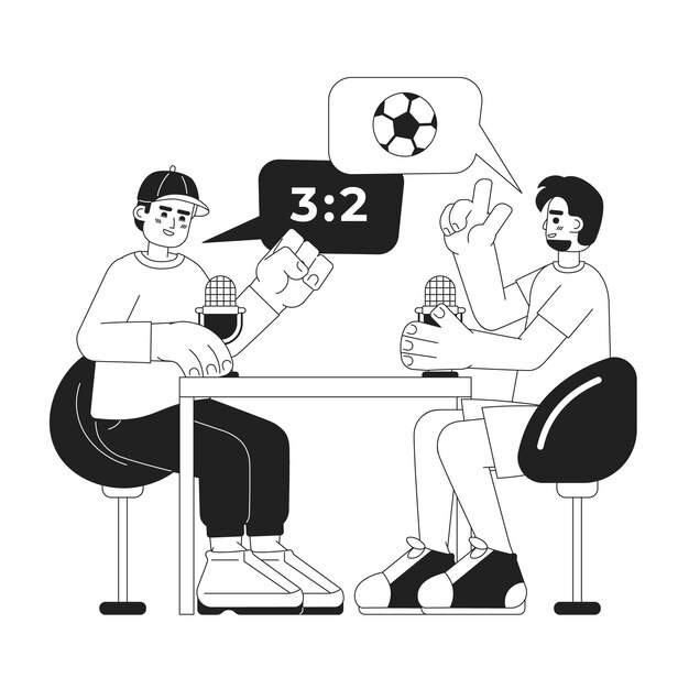 Podcast di commenti di calcio illustrazione piatta di cartoni animati in bianco e nero Commentatori sportivi uomini personaggi 2D lineari isolati Podcasters di calcio parlano nei microfoni immagine vettoriale di scena monocromatica