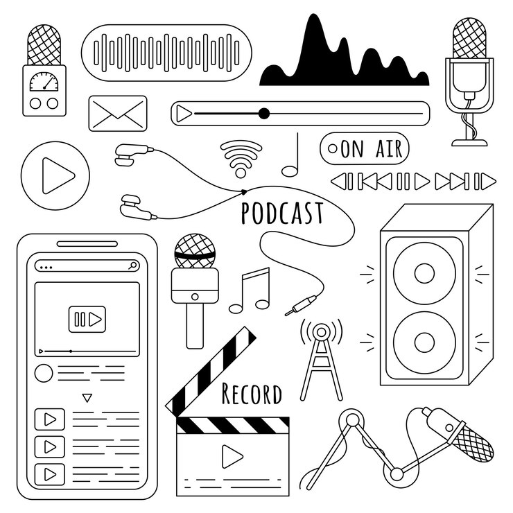 Podcast e set di icone audio in uno stile piatto isolato su uno sfondo bianco