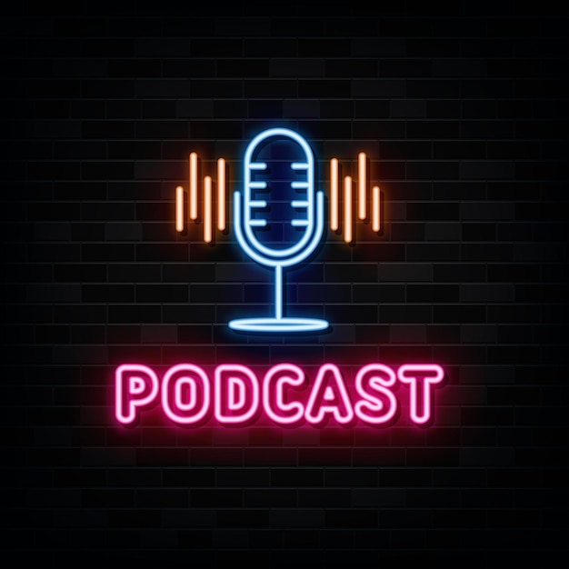 Podcast insegne al neon modello di disegno vettoriale in stile neon
