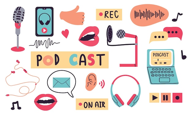 Podcast set Podcast elementi microfono cuffie giocatore registrazione Una persona registra un podcast Illustrazione vettoriale a cartoni animati in stile piatto isolato su bianco