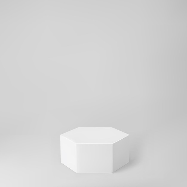 Podio bianco esagono 3d con prospettiva isolata su sfondo grigio. Mockup del podio del prodotto a forma esagonale, pilastro, palcoscenico vuoto del museo o piedistallo. Illustrazione di vettore di forma geometrica di base 3d.