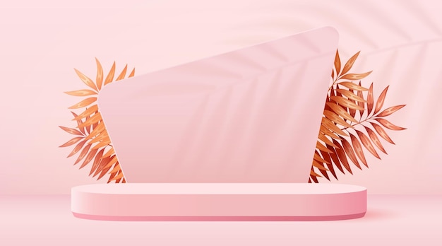Podio cilindro sfondo scena astratta con foglie su sfondo rosa presentazione prodotto finto u...
