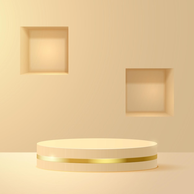 Podio con oro e nicchia nel muro. Illustrazione 3D vettoriale.