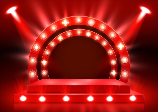 Podio del palco con illuminazione, scena del podio del palco con cerimonia di premiazione su sfondo rosso, illustrazione vettoriale