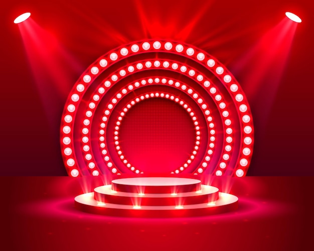 Podio del palco con illuminazione, scena del podio del palco con cerimonia di premiazione su sfondo rosso, illustrazione vettoriale