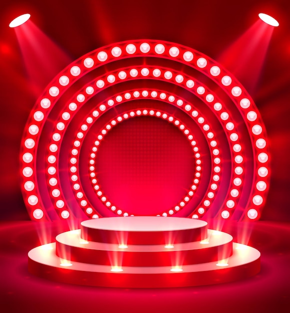 Podio del palco con illuminazione, scena del podio del palco con cerimonia di premiazione su sfondo rosso, illustrazione vettoriale