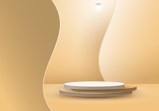 Podio di forma geometrica a strato cilindrico realistico 3D con sfondo a onde e illuminazione della lampada su sfondo beige. È possibile utilizzare per simulare la vetrina del prodotto, la mostra, ecc. Illustrazione vettoriale