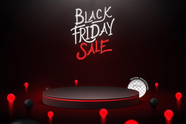 Podio di vendita del black friday con scritte al neon 3D e bagliore realistico su sfondo nero illustrazione vettoriale