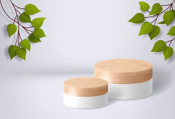 Vettore podio in legno bianco su sfondo bianco con foglie presentazione prodotto mockup display prodotto cosmetico piedistallo o piattaforma d illustrazione vettoriale