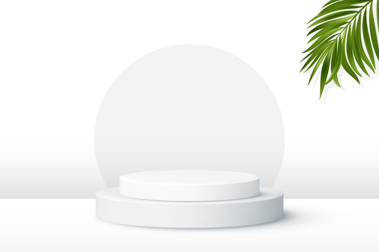 podio per esposizione del prodotto su sfondo bianco con foglie per mockup cosmetici mostrano prodotti cosmetici