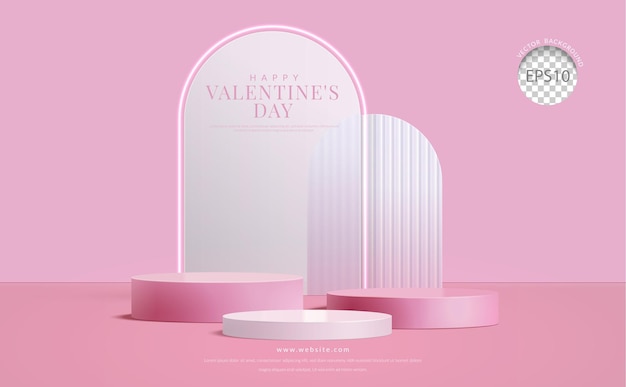 Podio rosa a tre gradini sullo sfondo di San Valentino su vetro smerigliato sullo sfondo per l'esposizione del prodotto