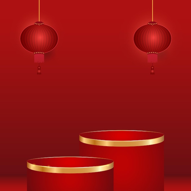Podio rosso e linea dorata con lanterna cinese su sfondo rosso