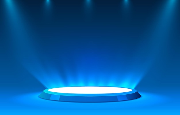 Podio sul palco con illuminazione, scena sul podio sul palco con cerimonia di premiazione su sfondo blu